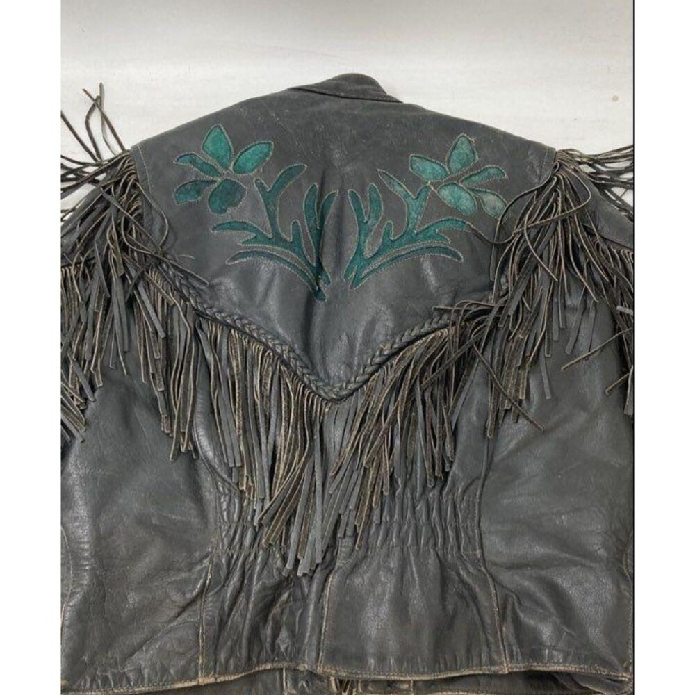 VINTAGE Black Leather Floral Fringe RIDING Jacket Women's Size L - Picture 3 of 6